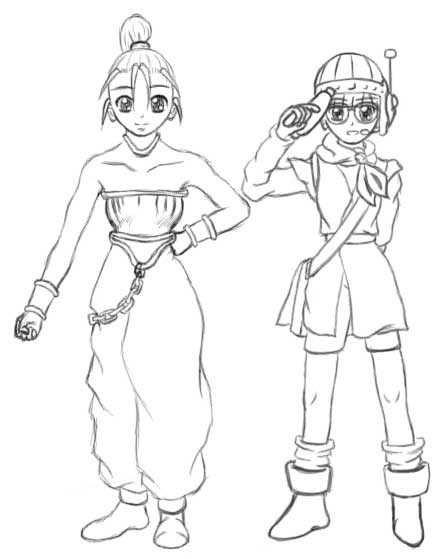 Marle & Lucca
Marle's actually holding a large icicle but it's only drawn in in the colour version -_-;;; hence the weird stance
