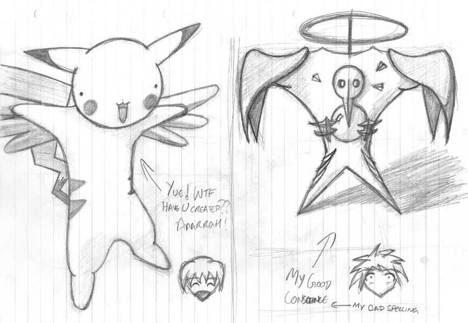 Kerochu / Sachiel
On the left, a (very scary) suggestion by Yue of a merging of Kero-chan and Pikachu to form Kerochu. On the right, a depiction of my good conscience - Sachiel.
