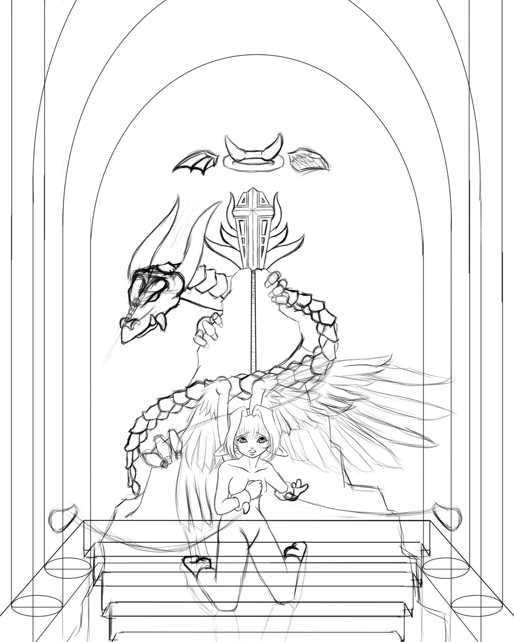 Angel & Dragon
Any old excuse to draw a dragon really - there were going going be glass pillars and a glass floor, but I couldn't be bothered in the end...
Keywords: Dragon Angel