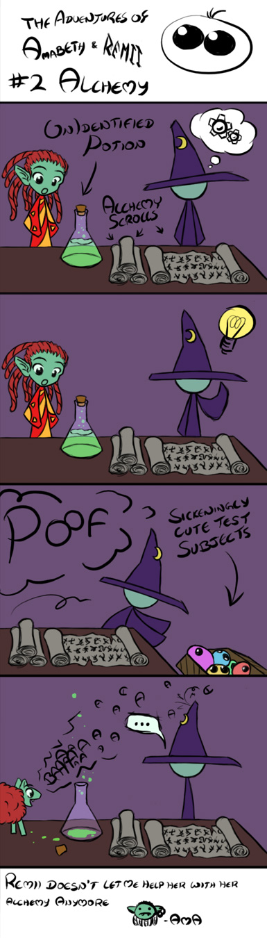 The Adventures of Amabeth & Remii
Remii likes to make potions.
Amabeth like colourful things (shiny things too!)
Keywords: World of Warcraft Remii Amabeth Troll Scourge Undead Alchemy Flask Unidentified Potion