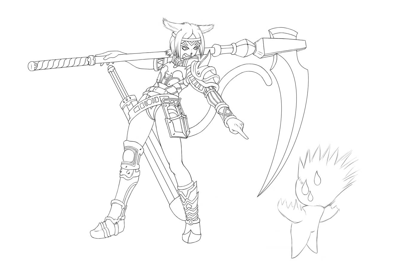 Xylia Angry
I just had to draw a picture of Xylia screaming at a taru.

"...And if I hear any more 'pussy' jokes, I'll CUT IT RIGHT OFF!"
- caption generously donated by Swaff~
Keywords: Final Fantasy XI Mithra Taru Xylia Scythe