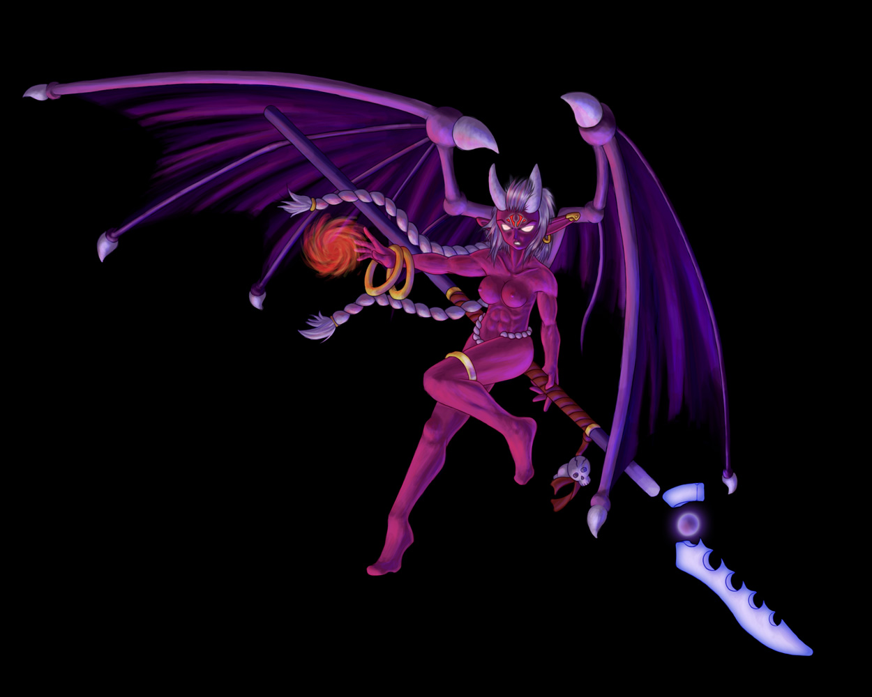 Yuri in Hell
The coloured depiction of demonic Yuri.

I much prefer drawing things to look 'realistic' rather than simplified for some reason - whenever I try to draw something cute, I end up adding curves everywhere until it looks 'normal' =|

The lighting was done using a single 'vivid light' layer in ps7 and plastering red and blue over everything.

I still hate these wings - they look wrong. Not to mention the glaive and hair.
The fireball was thrown in at the last minute and looks stupid -_-
Keywords: Girl Demon